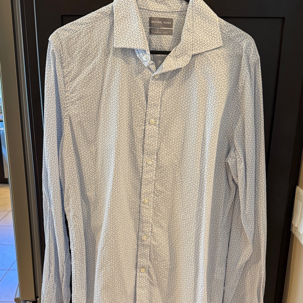 Michael Kors Men’s Light Blue Geo-Print Button-Down Shirt Slim Fit Untucked L
